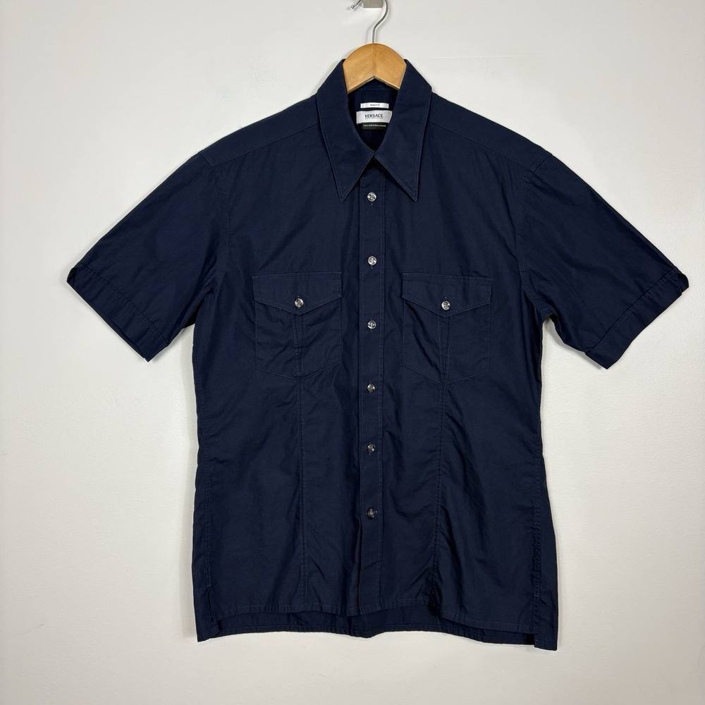 Versace Collection Men's Button-Up Shirt Short Sleeve Men's Sz 16/41 Navy Slim